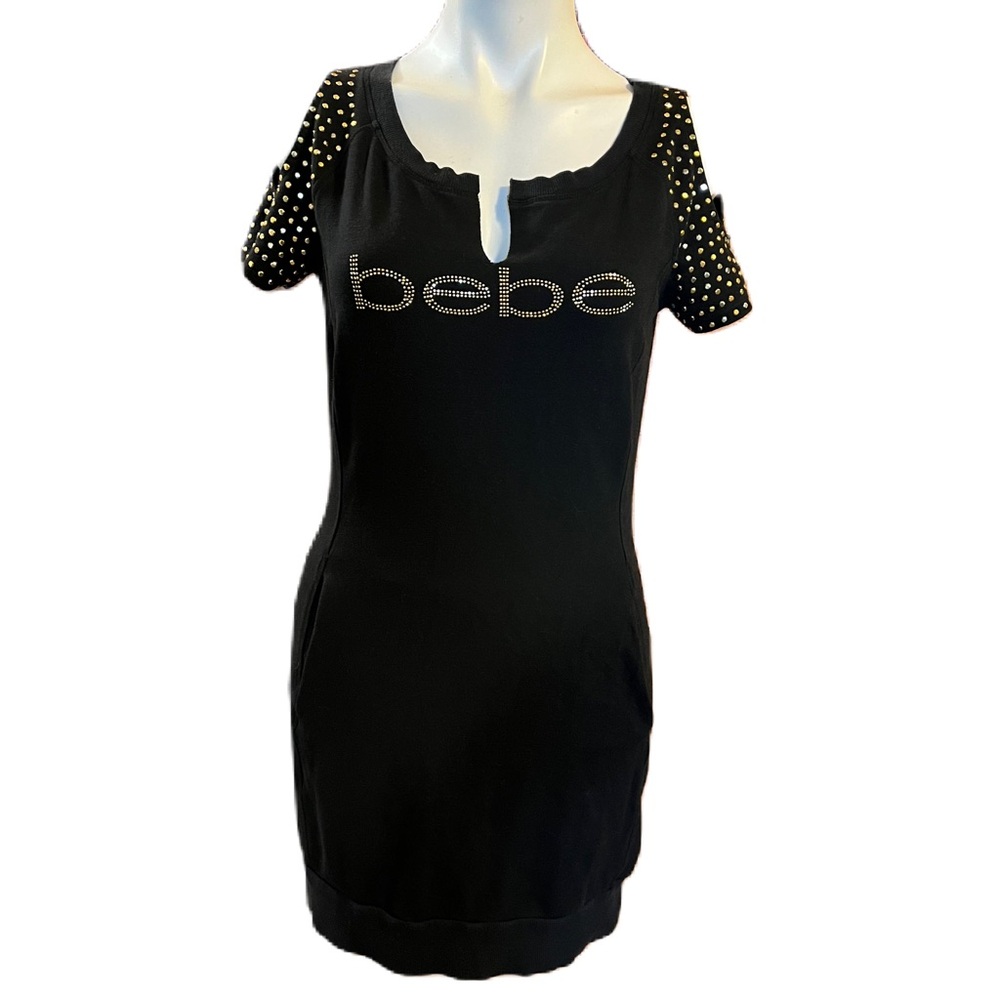 Bebe black off the shoulder cut out gold studded dress